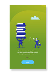 Poster - businessman boss screaming megaphone on worker holding books stack business education concept flat vertical copy space