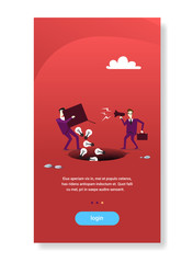 Poster - businessman boss screaming megaphone on worker throwing light bulbs in hole abyss business idea crisis concept flat vertical copy space
