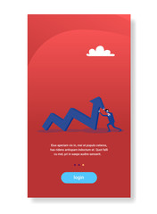 Poster - businessman pushing financial curved line arrow up successful business development growth concept flat vertical copy space