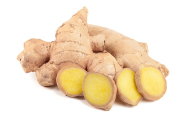 fresh Ginger root and slice isolated on white background