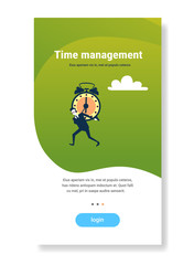 Poster - businessman holding alarm clock deadline time management concept flat vertical copy space