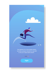 Poster - businessman jump over gap abyss business man risk concept flat vertical copy space
