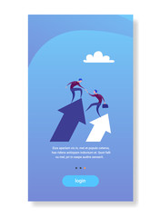Poster - two businessmen stand on financial arrow up holding hands successful business team development growth concept flat vertical copy space