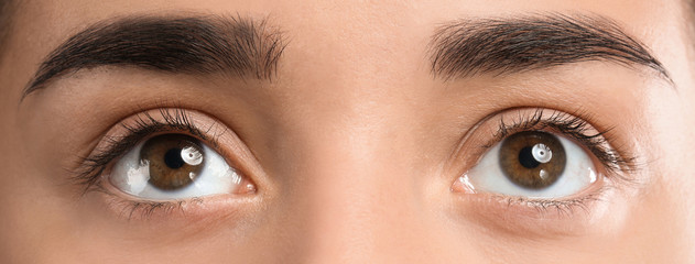 Poster - Closeup view of beautiful young woman with natural eyelashes