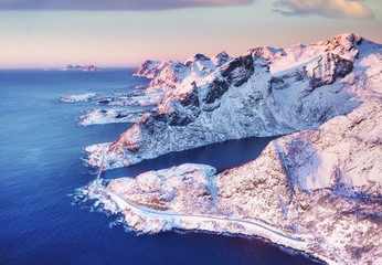Wall Mural - aerial view at the lofoten islands, norway. mountains and sea during sunset. natural landscape from 