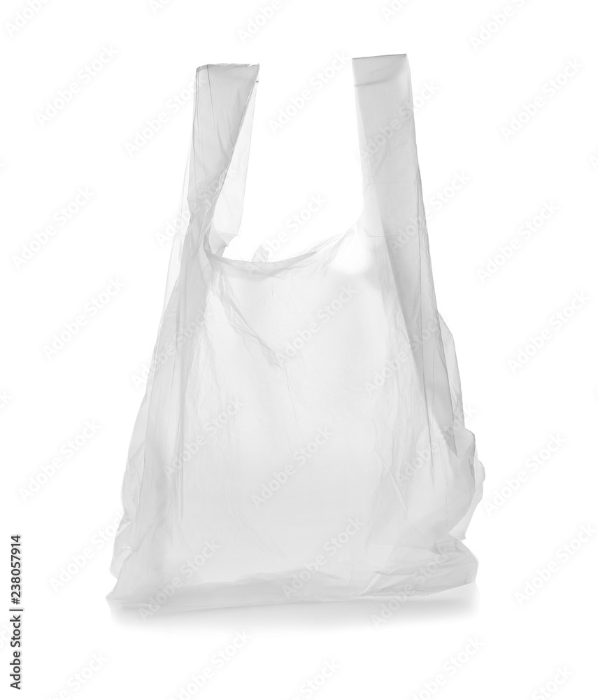 Photo Stock Clear disposable plastic bag on white background Adobe Stock