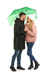 Sticker - Full length portrait of beautiful couple with umbrella, isolated on white