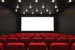 Leerer Kinosaal mit Leinwand und Sitzreihen, 3D Rendering