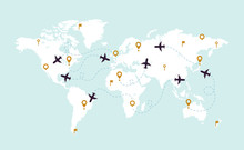 World Map Plane Tracks. Aviation Track Path On World Map, Airplane Route Line And Travel Routes Vector Illustration
