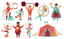 Circus Characters. Juggling Animals, Juggler Artist Clown And Strongman Performer. Cartoon Vector Illustration Set