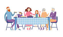 Family Sitting At Dining Table. People Eat Festive Food, Holiday Talking And Family Dinner Reunion Vector Illustration
