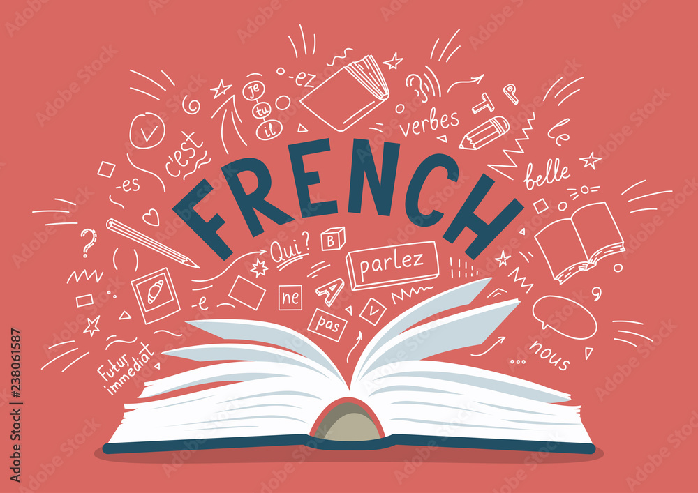 Fotografie, Tablou French. Open book with language hand drawn doodles and lettering.