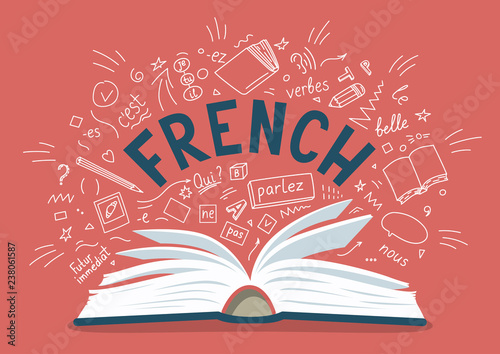 French. Open book with language hand drawn doodles and lettering. Tableau sur Toile