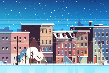 Wall Mural - City building houses night winter street cityscape