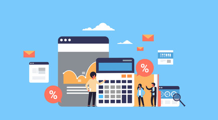 Poster - business people graph finance analysis calculator working together brainstorming concept flat horizo