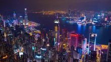 Night Illumination Famous Harbor Cityscape Aerial Timelapse Panorama 4k Hong Kong
