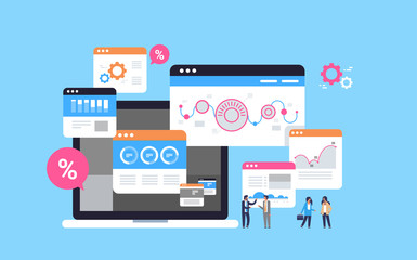 Poster - business people graph diagram chart finance data analysis working together brainstorming concept over blue background flat horizontal