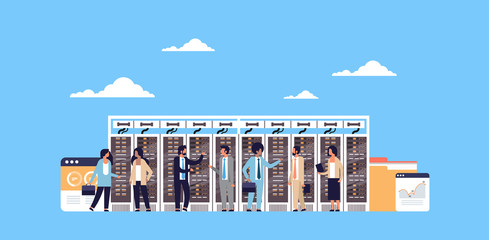 Poster - people working data center room hosting server computer monitoring information database graph diagram analysis flat horizontal