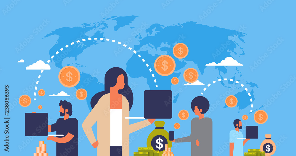 people using global payment application money transfer concept dollar coin world map background flat horizontal - obrazy, fototapety, plakaty 