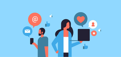 Poster - couple man woman social media icons concept online chat communication using gadget blue background f