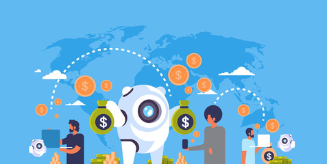 Poster - electronic money banking bot people using e-payment application dollar coin global online pay concep