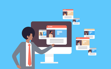 Poster - african man choosing different user profiling concept profile resume with photo flat blue background horizontal portrait