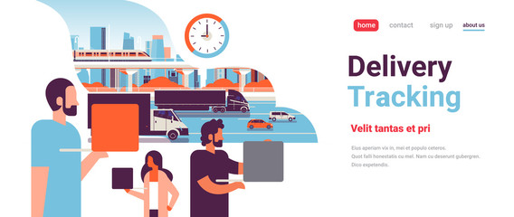 Poster - people over truck trailers highway road tracking delivery cargo concept copy space flat horizontal
