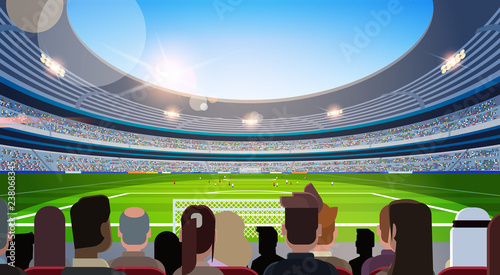 Cuadros en Lienzo empty football stadium field silhouettes of fans waiting match rear view flat ho