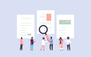 Poster - man hand hold magnifying zoom cv resume team choosing people candidate for vacancy job position recr