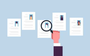 Poster - hand hold magnifying zoom cv resume choosing people candidate for vacancy job position recruitment c