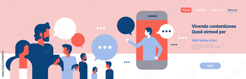 people chat bubbles mobile application communication speech dialogue man woman character background portrait copy space banner flat - obrazy, fototapety, plakaty 