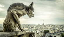 Gargoyle On Notre Dame De Paris Cathedral Looks At Eiffel Tower, France