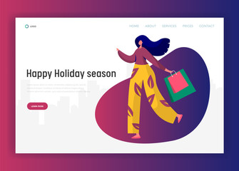 Poster - Woman Shopping on Holidays Landing Page. Shopoholic Character Holding Bag Concept for Website or Web Page. Flat Cartoon Vector Illustration