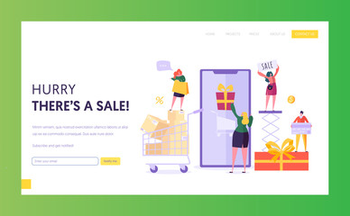 Ecommerce Store Sale Website Template. Woman Shop Online Using Smartphone. E-commerce, Consumerism, Retail Concept. Characters Shopping Mobile for Website or Web Page. Flat Cartoon Vector Illustration