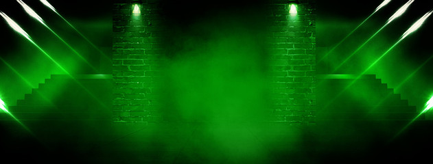 Aufkleber - Background of an empty room with brick walls, stairs, illuminated by green neon light, laser beams
