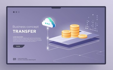 Poster - slide, hero page or digital technology banner. money transfer business concept. isometric illustrati