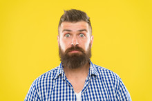 Surprising News. Man Bearded Hipster Wondering Face Yellow Background Close Up. Guy Surprised Face Expression. Hipster With Beard And Mustache Emotional Surprised Expression. Rustic Surprised Macho