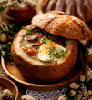 The sour soup (Żurek) made of rye flour with smoked sausage and eggs served in bread bowl. Traditional polish sour rye soup, popular Easter dish