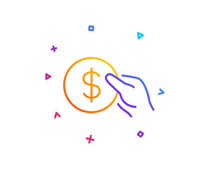  Hold Coin line icon. Banking currency sign. Dollar or USD symbol. Gradient line button. Payment icon design. Colorful geometric shapes. Vector