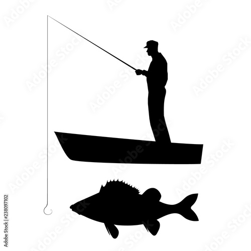 Download Old man is fishing perch on boat. Vector silhouette ...