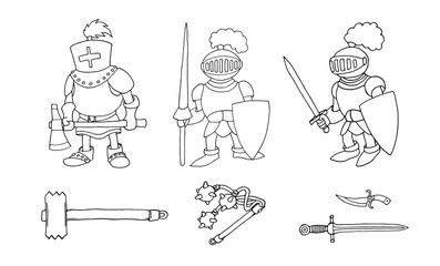 Wall Mural - Coloring page of cartoon three medieval knights prepering for Knight Tournament