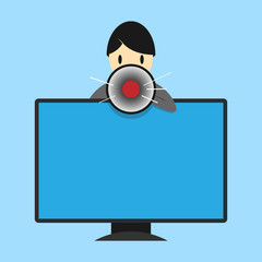 Flat design business Vector Illustration concept Empty template copy space Posters coupons promotional material. Man Standing Behind mounted PC Monitor Screen Talking and Holding Megaphone