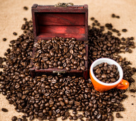 Wall Mural - Brown roasted coffee beans, seed on dark background. Espresso dark, aroma, black caffeine drink. Closeup isolated energy mocha, cappuccino ingredient.