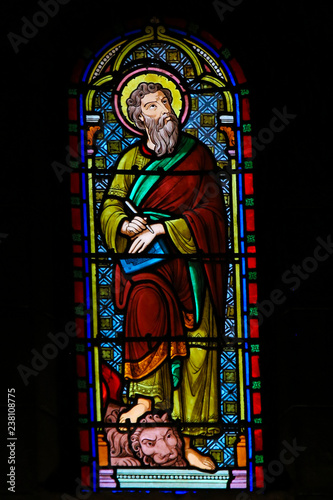 Cuadros en Lienzo Stained Glass in Monaco Cathedral - Saint Mark the Evangelist and a Lion