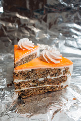 Pieces of delicious carrot cake, sweet dessert