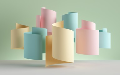 Wall Mural - 3d render, paper ribbon rolls, abstract shapes, pastel fashion background, swirl, scroll, curl, spiral, cylinder