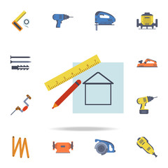 Poster - color house drawing and ruler icon. Detailed set of color construction tools. Premium graphic design. One of the collection icons for websites, web design, mobile app