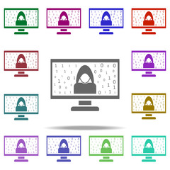 Poster - hacker on the computer icon. Elements of Hacker in multi color style icons. Simple icon for websites, web design, mobile app, info graphics