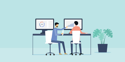 Wall Mural - flat illustration two business people analytics and monitoring finance investment on monitor report graph with business team working concept 