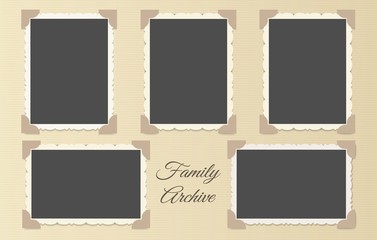 family photo album collage. retro photos page template vector illustration, vintage blank photo fram